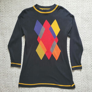 Vintage 90s Modiano Womens M Sweater Dress Black Multicolor Argyle Diamond